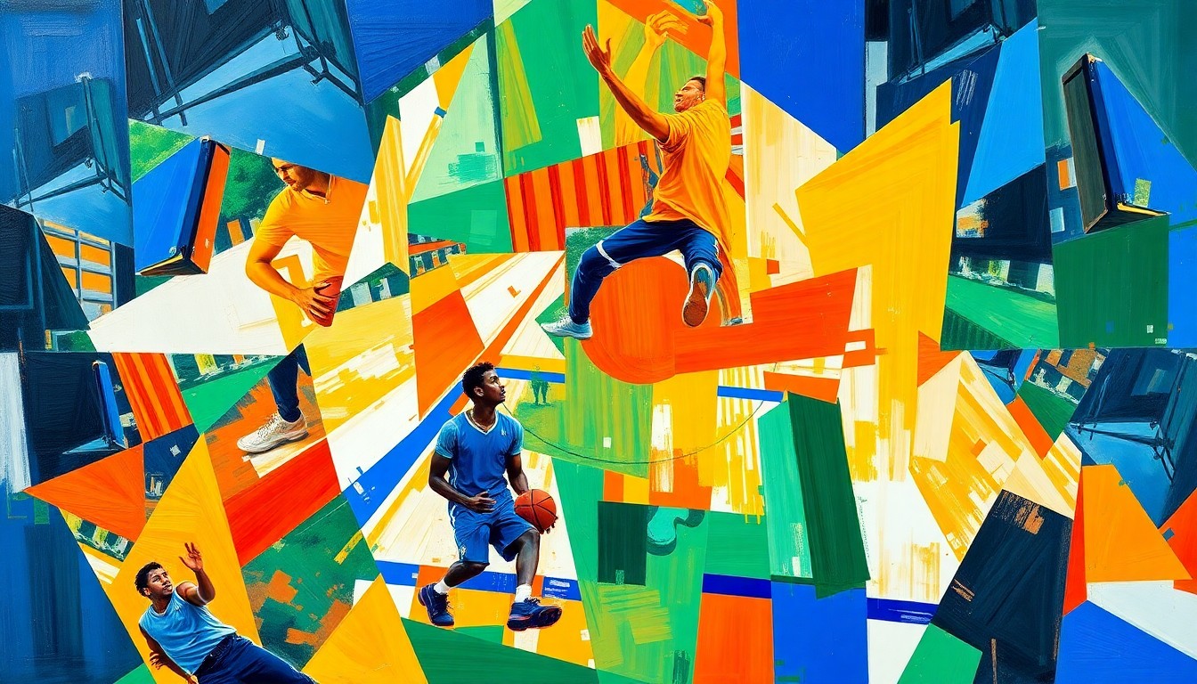 A fragmented, geometric painting depicting the dynamic action of a college basketball game, with sharp planes of color and overlapping perspectives conveying the high-stakes energy of the sport.