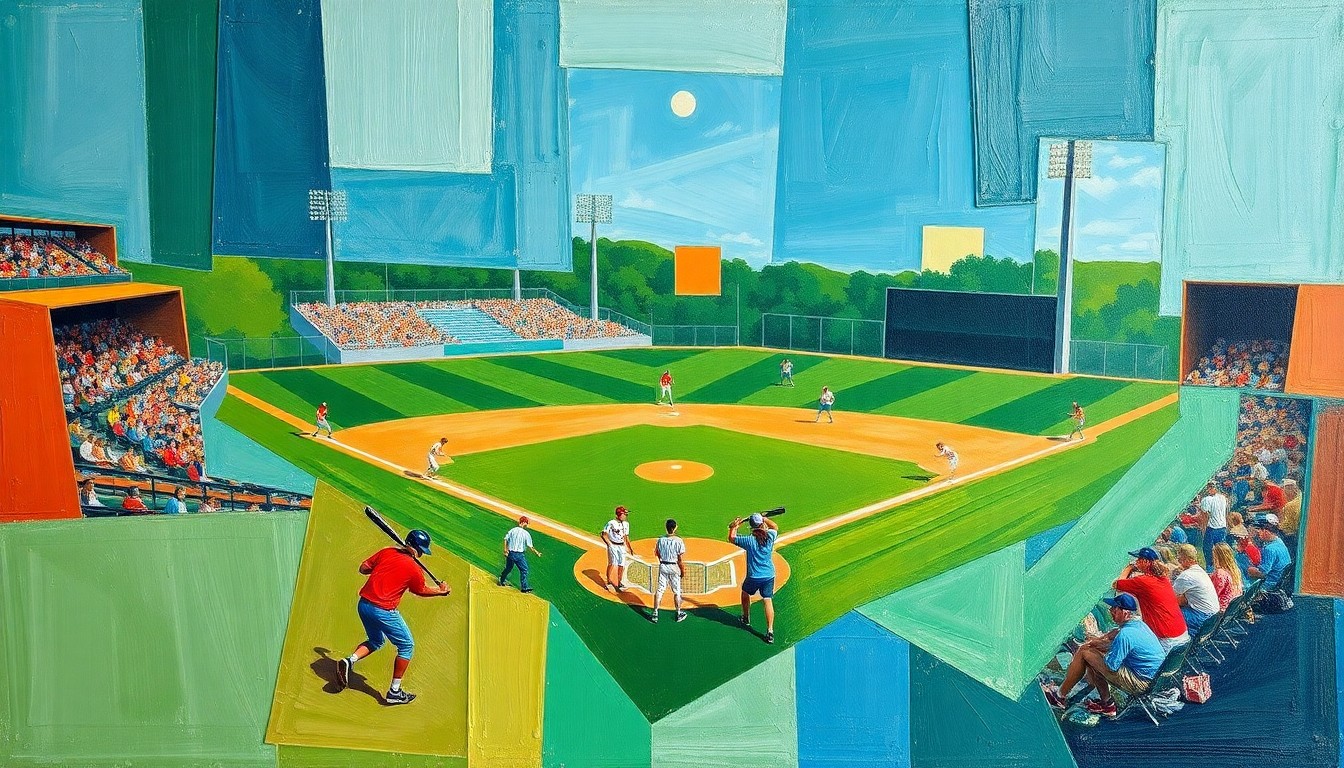 A fragmented, geometric painting depicting the dynamic movements and competing perspectives of a high school baseball game, with players, field, and equipment rendered in bold, overlapping shapes and colors.