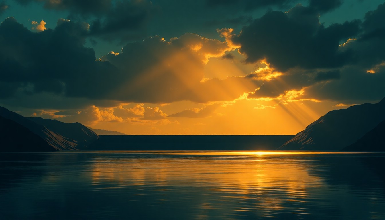 A serene, cinematic painting of the Wahiawa Dam and reservoir surrounded by lush greenery, with the structure bathed in warm, golden light and deep shadows, conveying a sense of quiet contemplation and the importance of this aging but vital infrastructure.