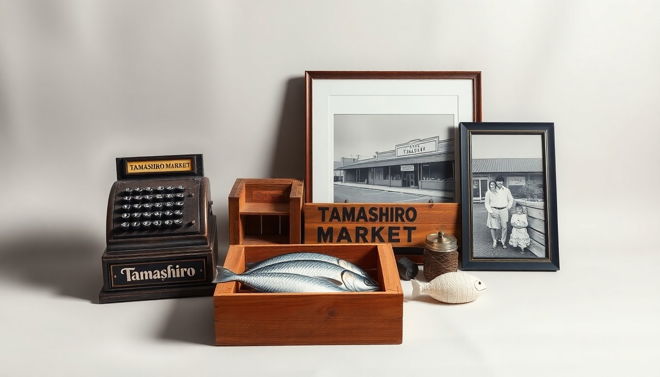 A high-end, photorealistic studio still-life photograph featuring a vintage cash register, a wooden fish crate, and a framed black-and-white photograph, elegantly arranged on a clean, monochromatic background to symbolize the bittersweet closure of Tamashiro Market after over 80 years in business.