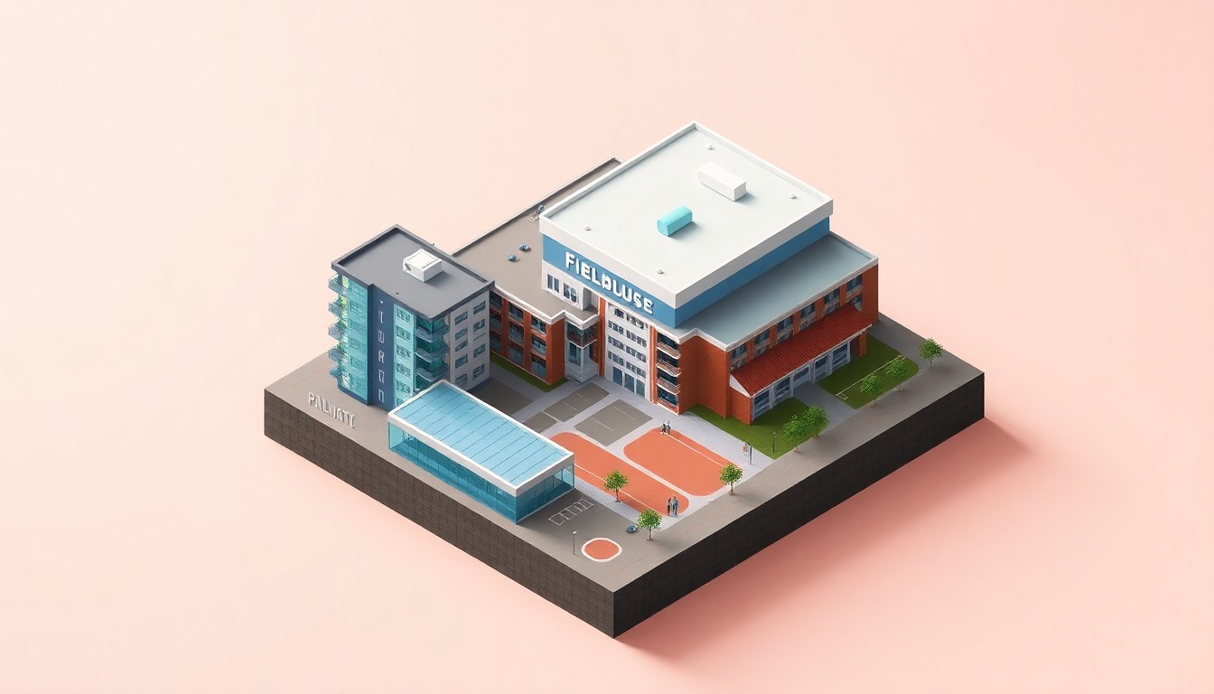 A miniature, stylized 3D digital illustration depicting the modern architecture and layout of the new Fieldhouse Flats affordable apartment complex, with a connected MATC athletic facility, all floating on a clean pastel background and using bold colors and dramatic lighting to convey the development's community-focused design.
