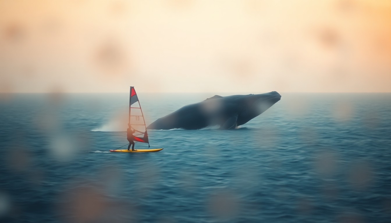 An extremely blurred, impressionistic photograph showing the faint outline of a windsurfer on the water with a massive gray whale breaching in the background, all captured in a hazy, dreamlike wash of warm colors and soft, out-of-focus light.