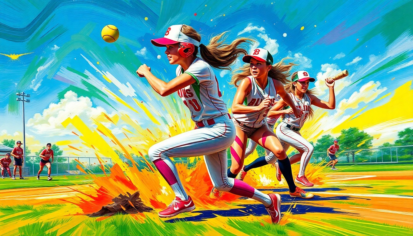 An abstract, expressionist painting in vibrant neon colors depicting the dynamic motion and energy of a softball game, capturing the Alcoa Lady Tornadoes' dominant performance.
