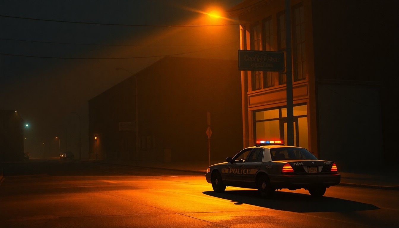 A dimly lit, cinematic painting of a lone police car parked on a Memphis street corner, with warm sunlight and deep shadows creating a contemplative mood that reflects the complex challenges facing the city.