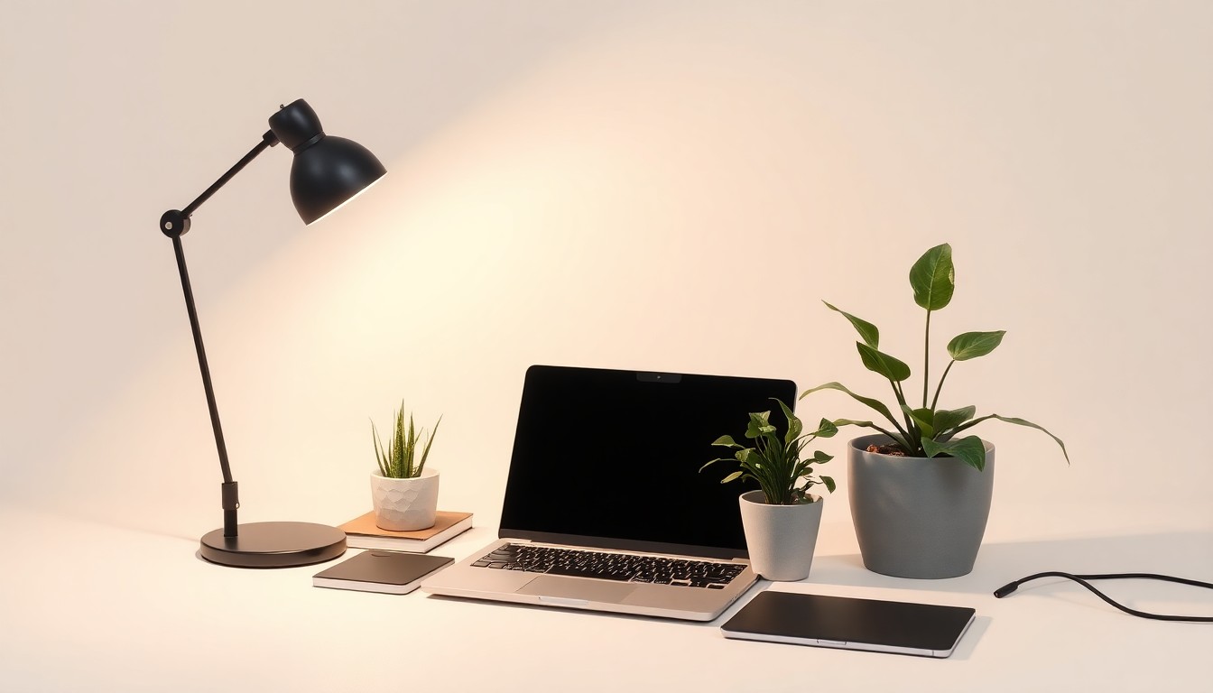 A high-end, photorealistic studio still life featuring a sleek laptop, modern desk lamp, and potted plant arranged elegantly on a clean, monochromatic background, conceptually representing the growth and innovation of the local business landscape.