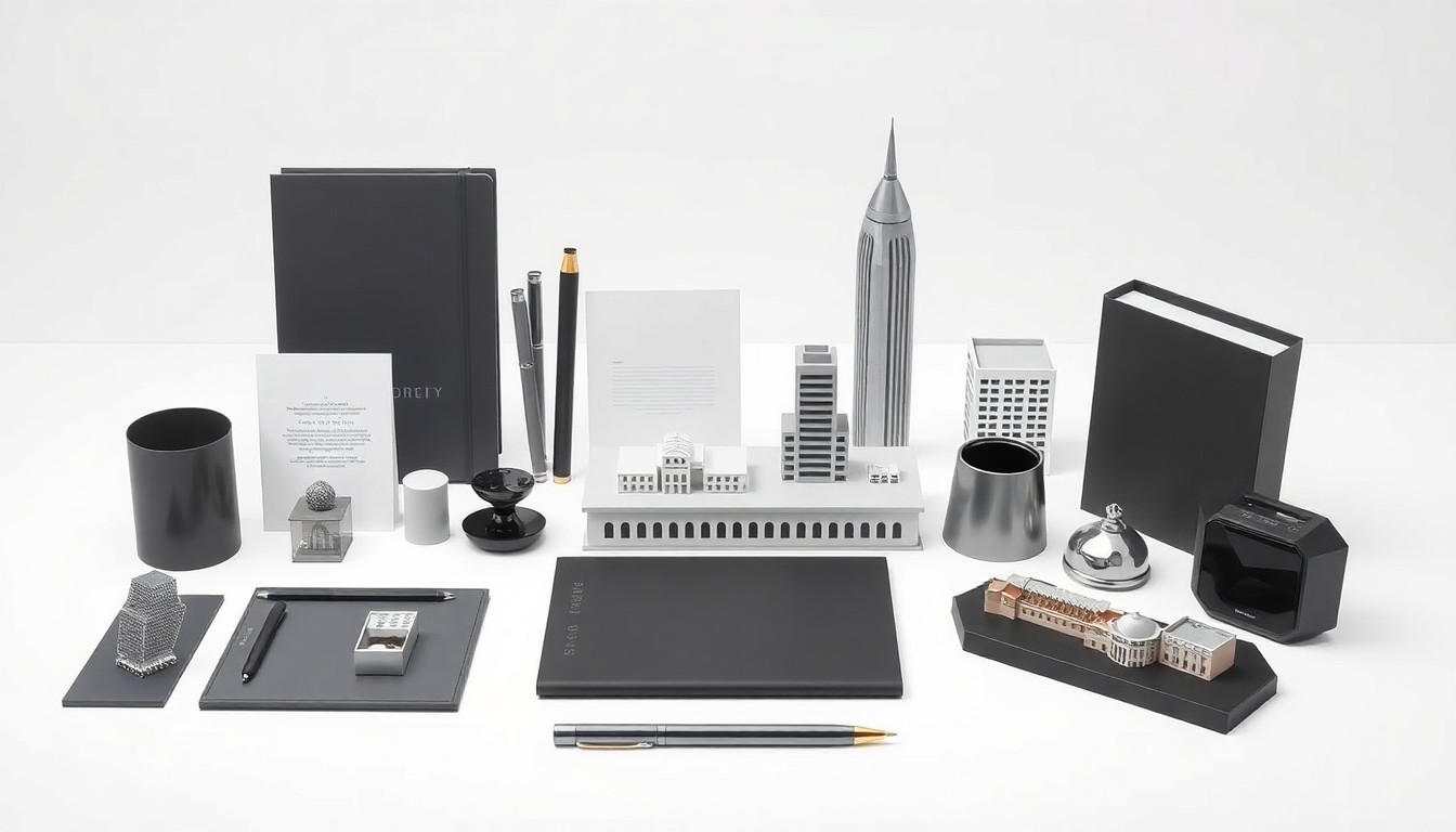 A photorealistic studio still life featuring a collection of minimalist, geometric office supplies and architectural models in shades of gray, black, and silver, arranged elegantly on a clean white background to symbolize the modern, high-quality office space planned for a major new development in New Brunswick.
