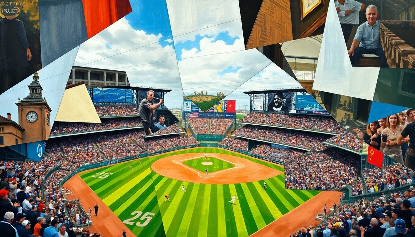 A cubist-style painting depicting a fragmented, geometric representation of a baseball game or competition, with overlapping shapes and planes conveying the complexity and tension of the labor negotiations between MLB owners and players.