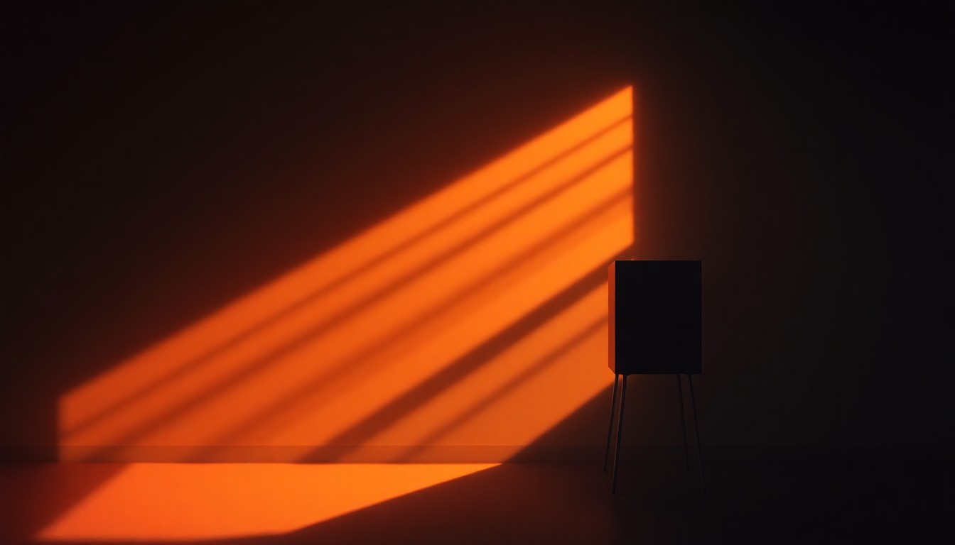 A realistic yet dreamlike painting of a lone voting booth or ballot box set against a dimly lit urban backdrop, the scene bathed in warm, golden light that casts deep shadows, conveying a sense of both solemnity and resilience.