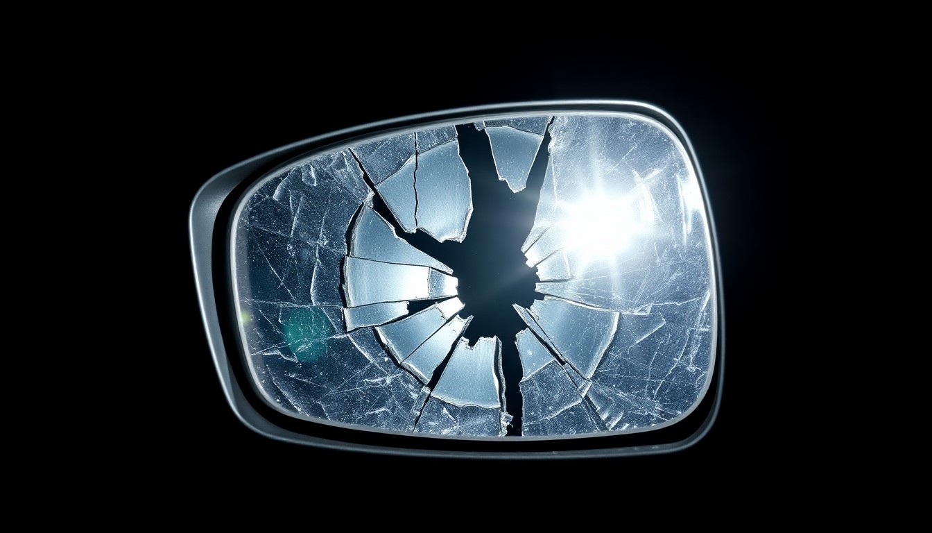 An extreme close-up photograph of a cracked and damaged car side mirror, lit by a harsh, direct camera flash against a pitch-black background, conceptually representing the aftermath of a violent altercation without depicting any actual violence or victims.
