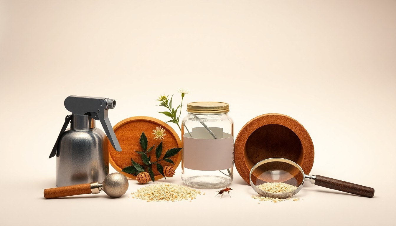 A high-end, photorealistic studio still-life photograph featuring a collection of polished pest control tools and materials, including a metal sprayer, a glass jar of natural pesticide, and a magnifying glass, arranged elegantly on a clean, monochromatic background with dramatic lighting and deep shadows.