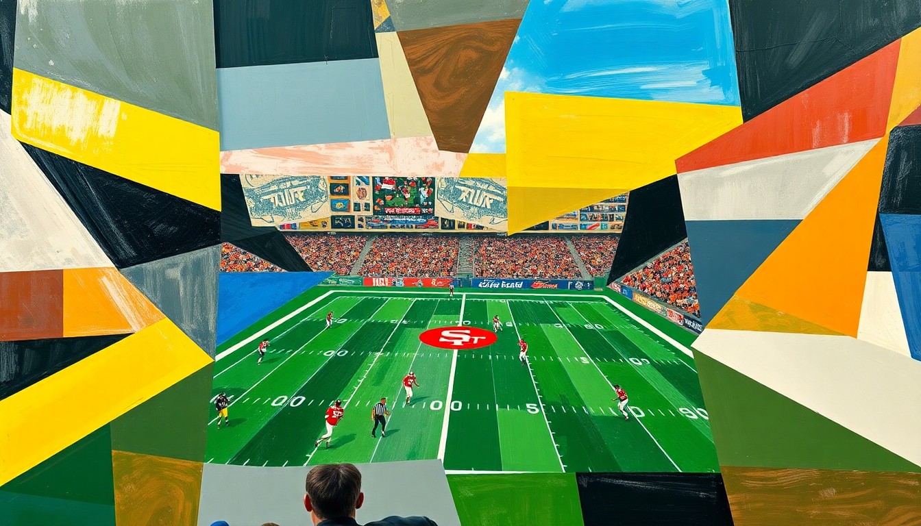 A fragmented, geometric painting depicting an abstract football scene, with sharp planes of color and form representing the strategic decisions and competitive nature of the NFL draft process.