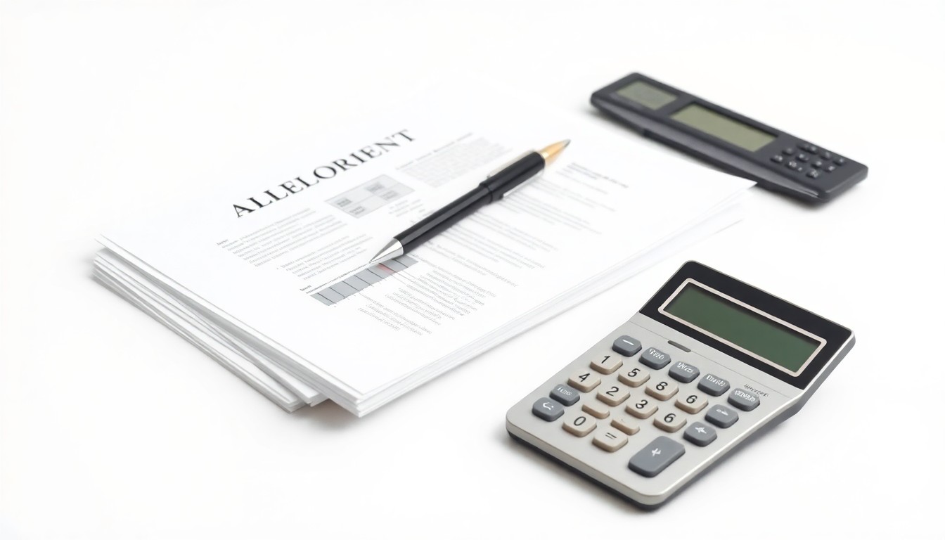 A photorealistic studio still life featuring a stack of legal documents, a pen, and a calculator arranged on a clean, white background, symbolizing the complex negotiations involved in corporate mergers and acquisitions.