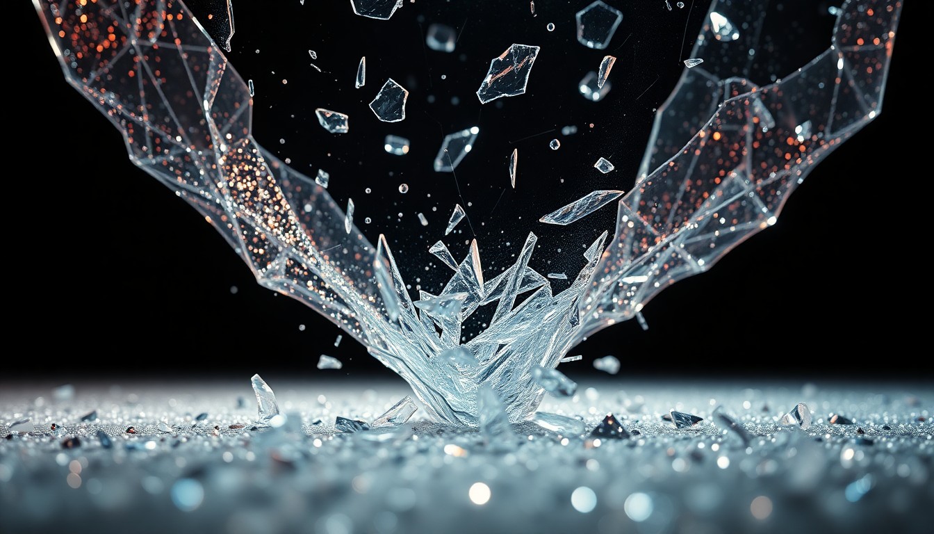 An abstract close-up image of shattered glass and glittering sequins, captured in dramatic high-contrast studio lighting to conceptually represent the glitz and grit of Brandy's celebrity journey.