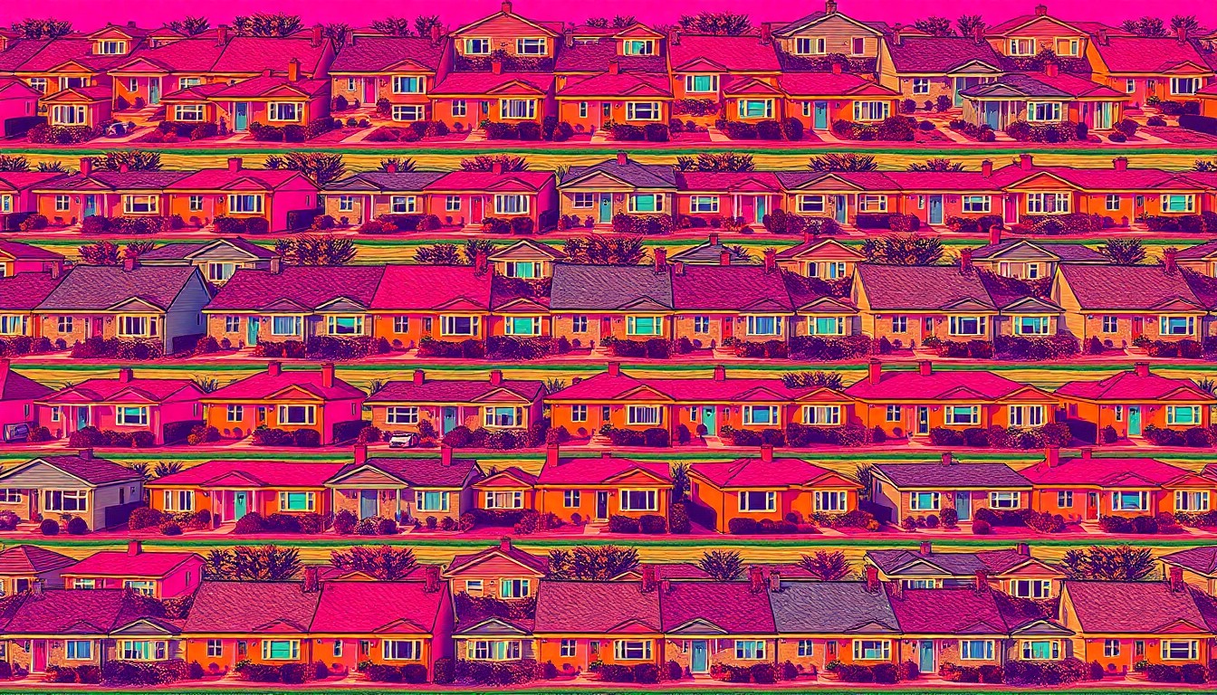 A grid of brightly colored, stylized suburban homes rendered in a high-contrast, silkscreen print style, conceptually representing a new mixed-use development project.