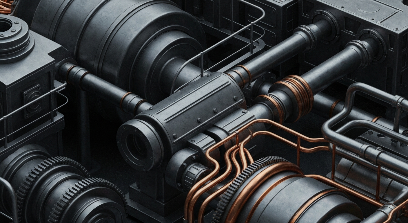 An extreme close-up of complex, interlocking industrial machinery in shades of grey, copper, and black, conceptually representing the financial and manufacturing infrastructure behind a major chemical producer.