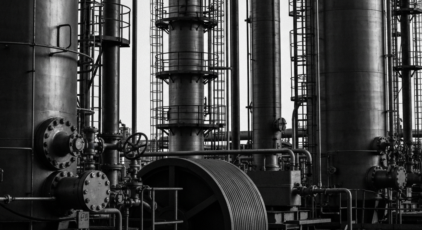 A high-contrast, black and white close-up image of heavy industrial machinery and equipment used in chemical manufacturing, conveying the tangible, physical nature of the materials science industry.