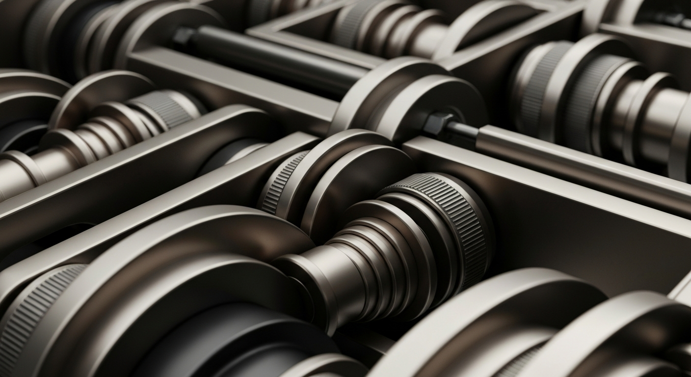 An extreme close-up of various metal gears, levers, and mechanisms in shades of grey, bronze, and black, conveying the idea of the secure, powerful infrastructure that supports the financial industry.