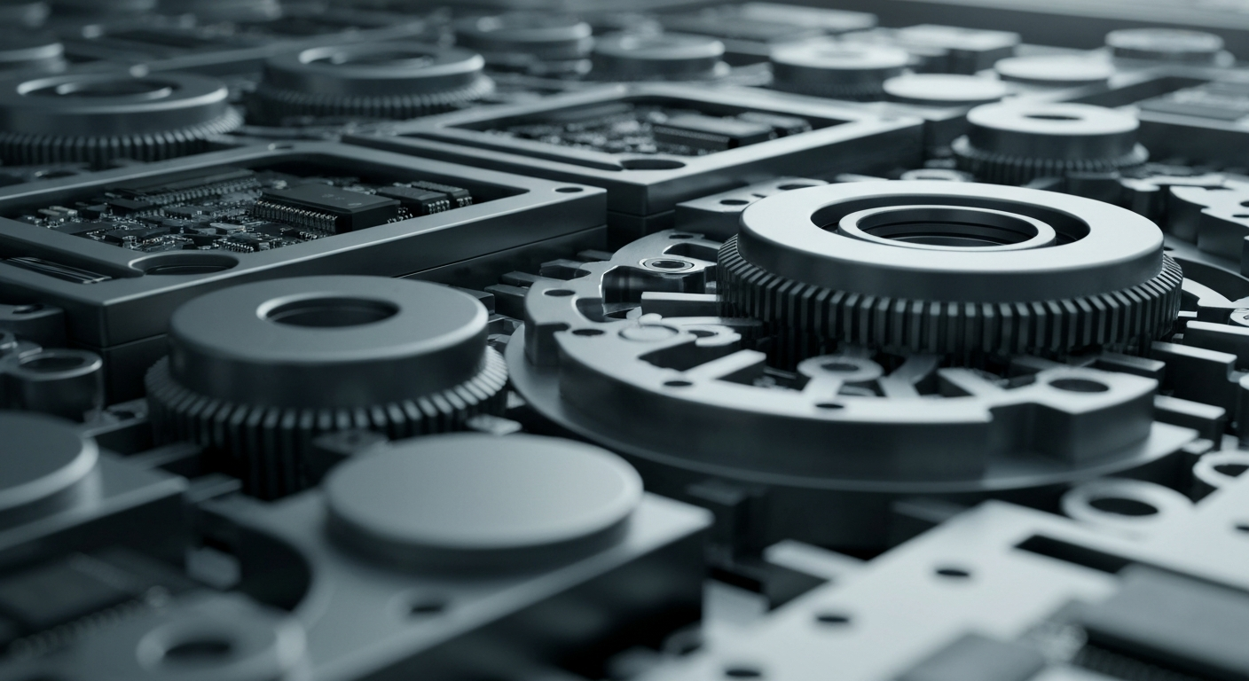 An extreme close-up of the intricate, industrial machinery and components that make up a high-tech semiconductor fabrication facility, conveying the complex, physical nature of modern chip manufacturing without using any text or identifiable branding.
