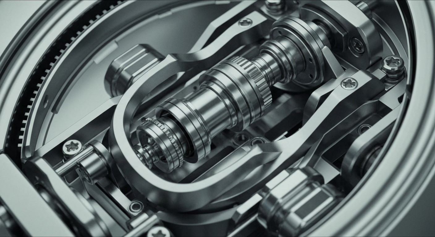 A highly detailed, macro-level view of the internal components and mechanisms of a medical device, conveying a sense of technical sophistication and engineering prowess without using any text or identifiable branding.