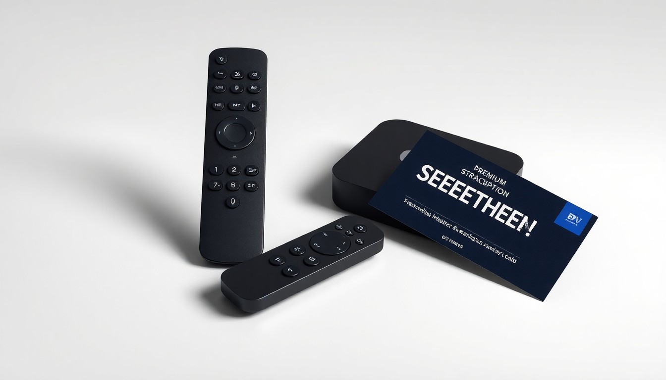 A high-end, photorealistic studio still-life photograph featuring a sleek remote control, streaming device, and premium subscription card arranged on a clean, monochromatic background, symbolizing the evolving streaming media industry.
