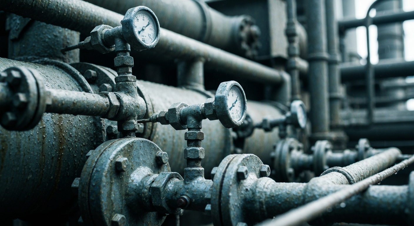 An extreme close-up of rugged, industrial water infrastructure components like metal pipes and valves, conceptually representing the behind-the-scenes machinery that powers global water systems.