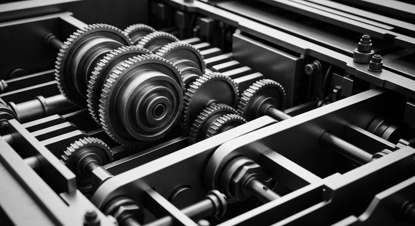 A high-contrast, cinematic close-up of the gears, circuits, and internal mechanisms of a financial data processing machine, representing the behind-the-scenes infrastructure that enables payroll and HR services.