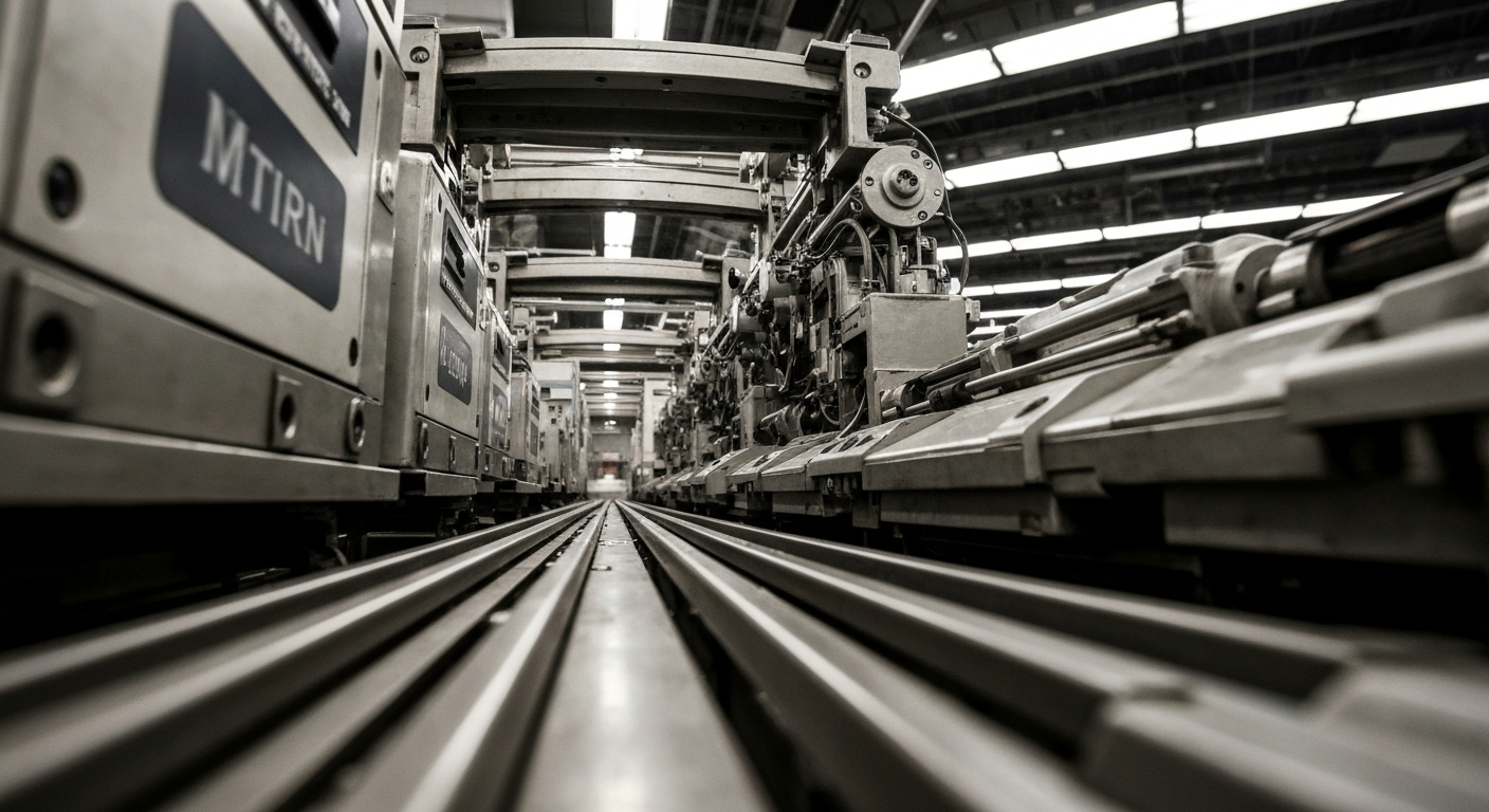 An extreme close-up of gears, levers, and other industrial banking equipment, conveying the heavy, tangible nature of financial infrastructure without using any literal currency or charts.