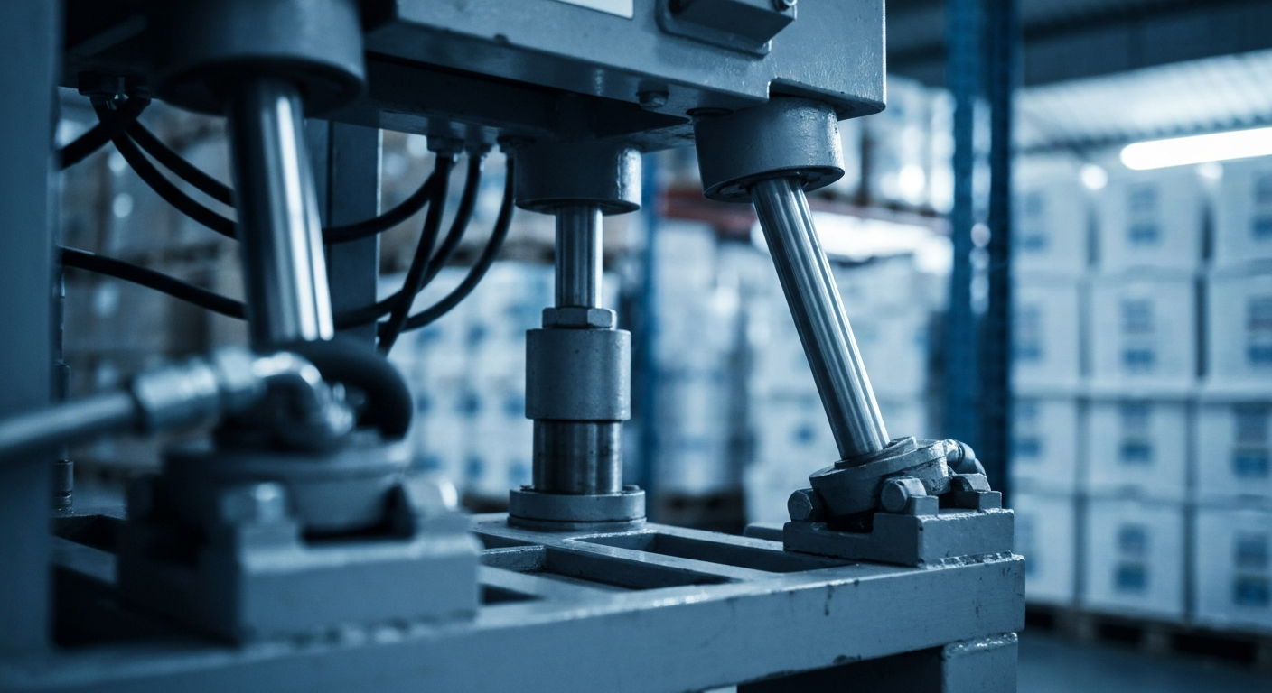 An extreme close-up of industrial pharmaceutical equipment and machinery, representing the tangible assets and infrastructure that power McKesson's distribution network.