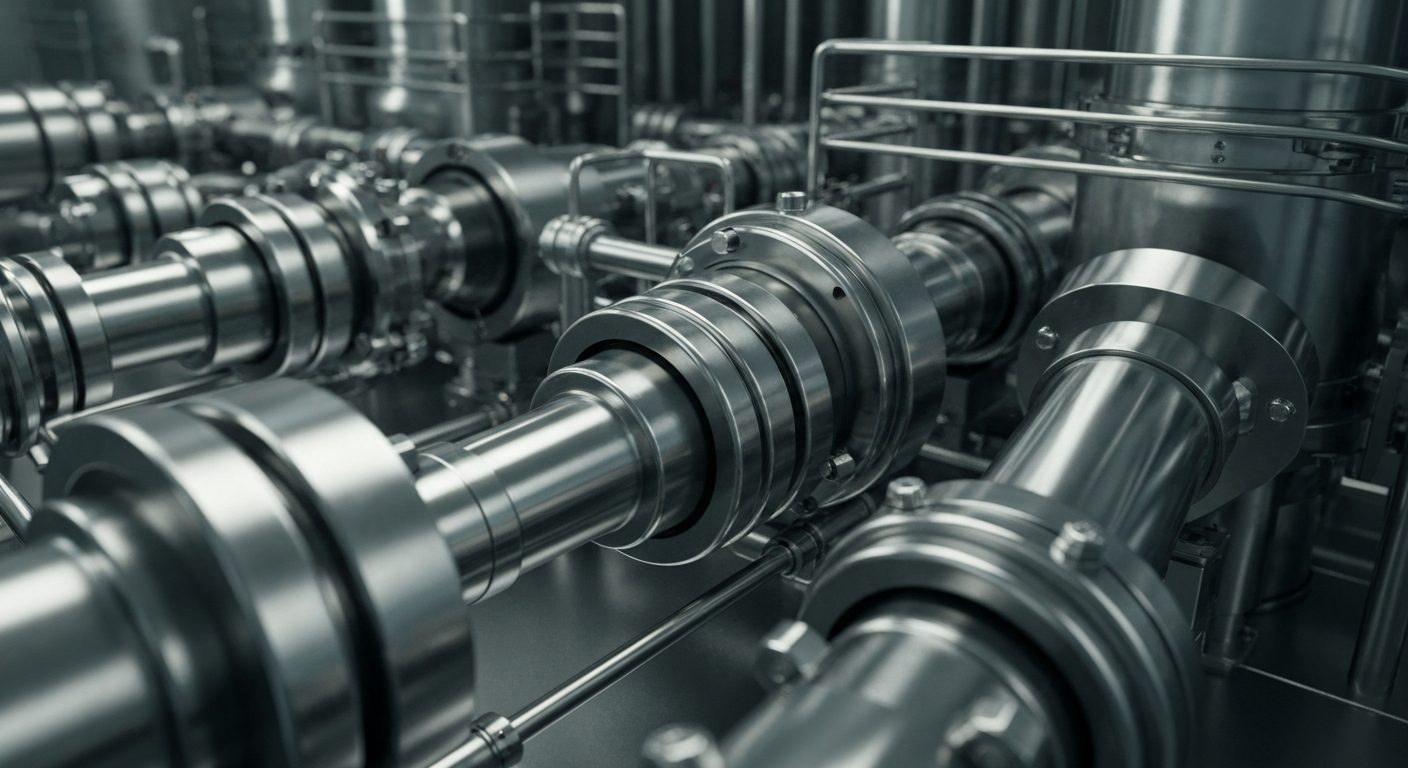 An extreme close-up of highly detailed, metallic pharmaceutical manufacturing equipment, conveying the complex, industrial nature of modern drug development without using any text or identifiable branding.