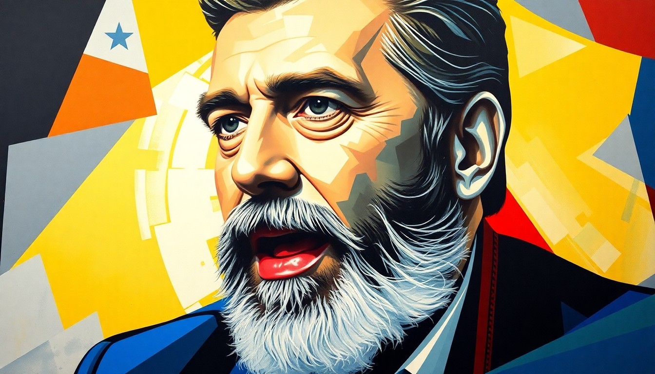 A vibrant, abstract painting depicting Sandro Castro in a fractured, overlapping geometric style, capturing the energy and controversy surrounding his calls for economic reforms in Cuba.