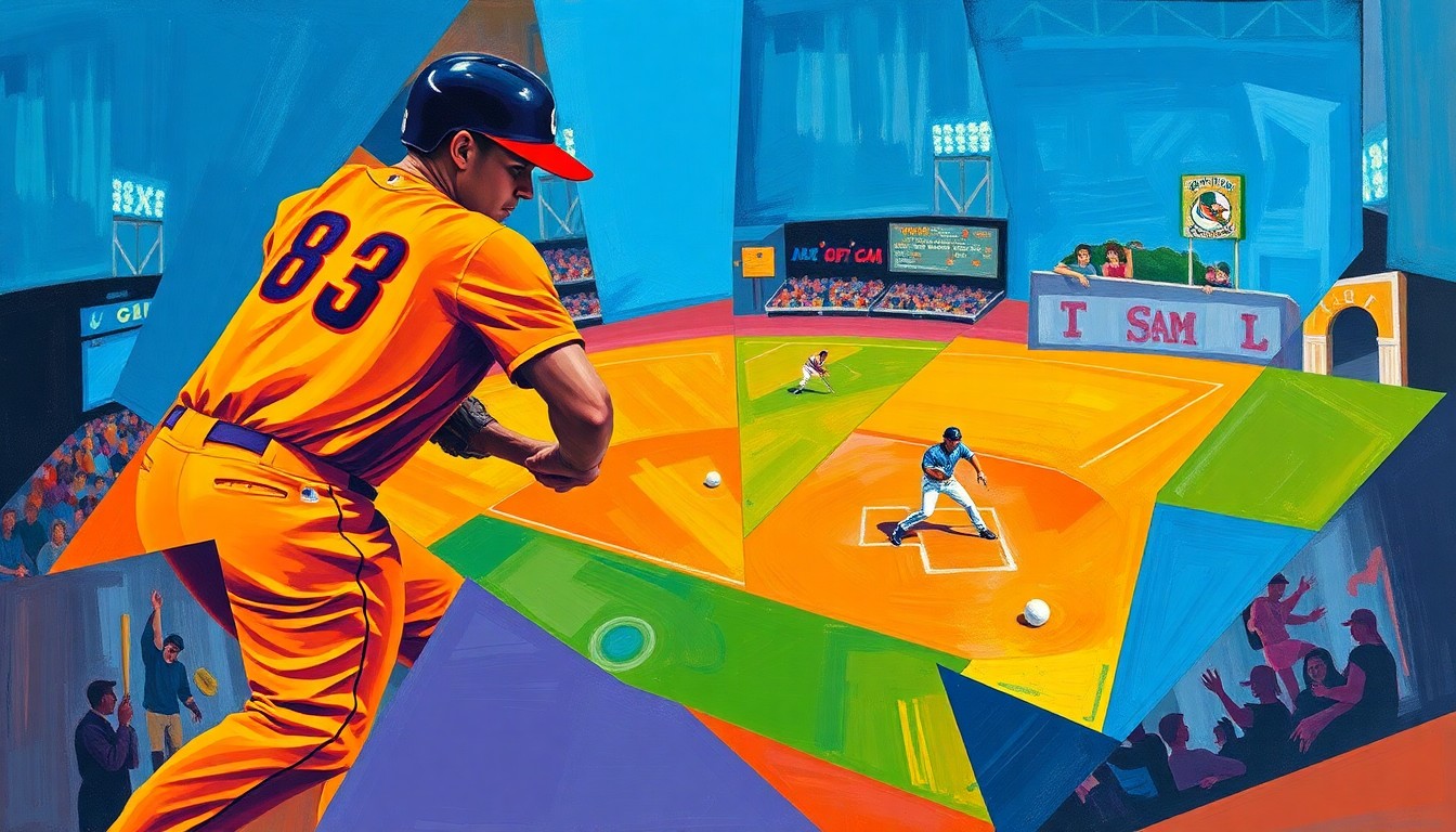 A cubist, geometric painting depicting a baseball player in motion, with their body and the field of play broken down into sharp, overlapping planes of color.
