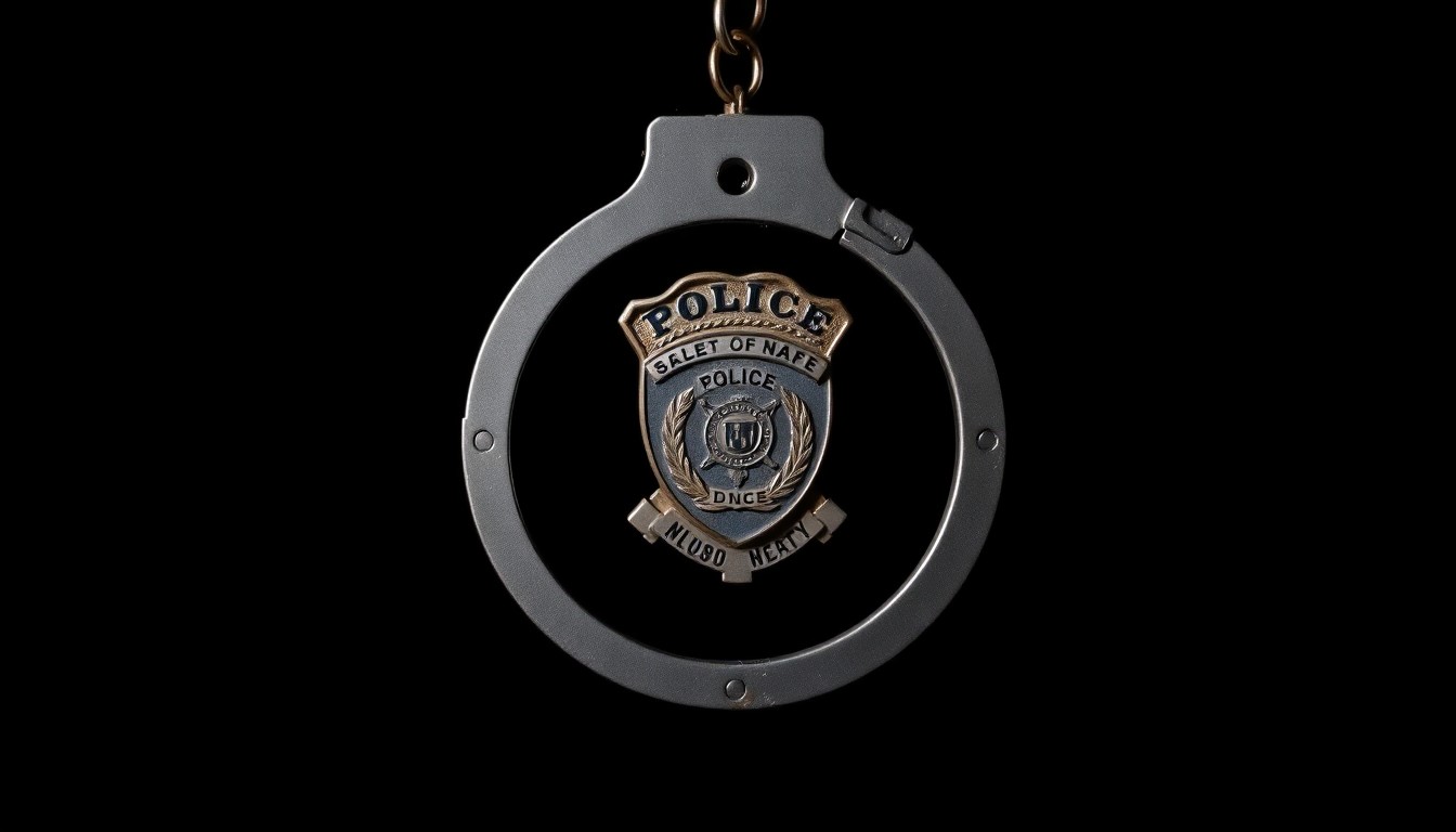 An extreme close-up photograph of a police badge or handcuffs against a pitch-black background, creating a stark, gritty, investigative aesthetic through the use of harsh, direct lighting.