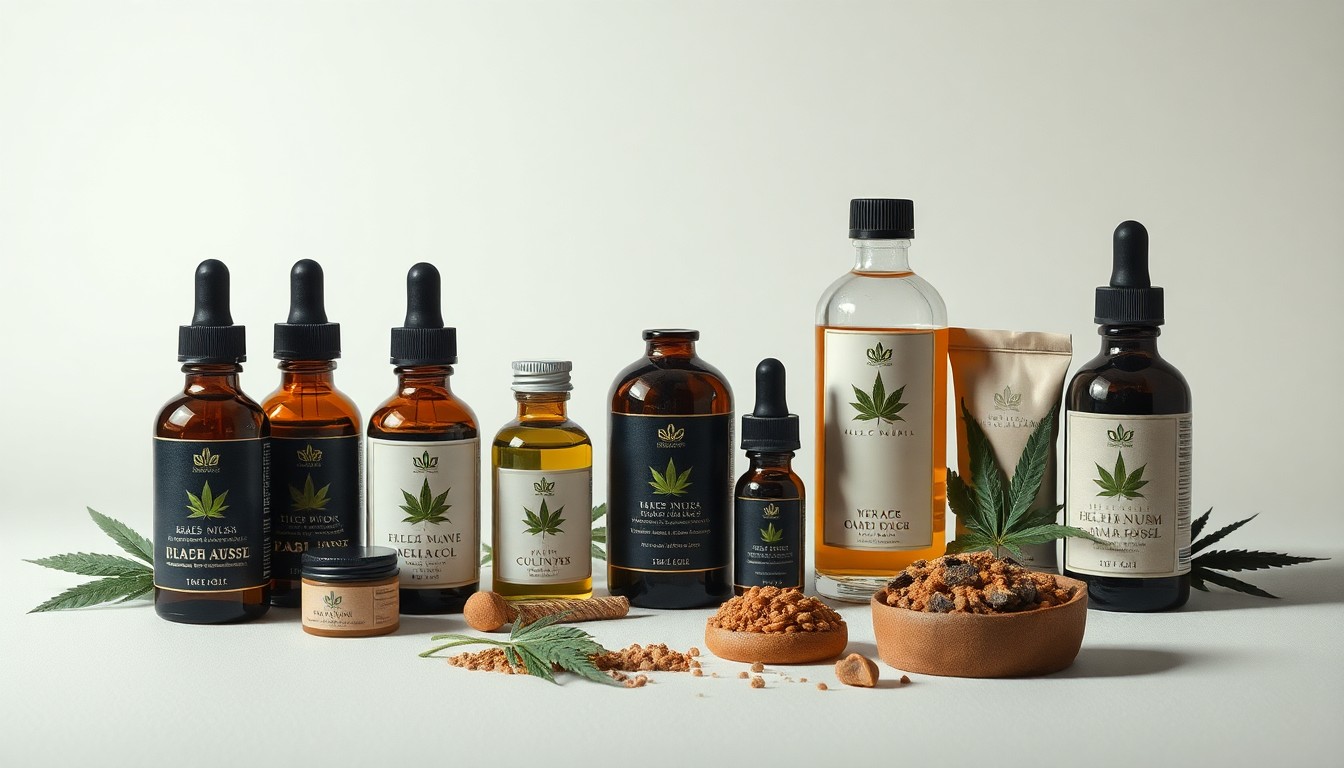 A high-end, photorealistic studio still-life photograph featuring a selection of premium hemp-derived products, including oils, tinctures, and edibles, arranged elegantly on a clean, monochromatic background. The objects use dramatic lighting and shadows to represent the abstract concepts of regulation and oversight in the hemp industry.