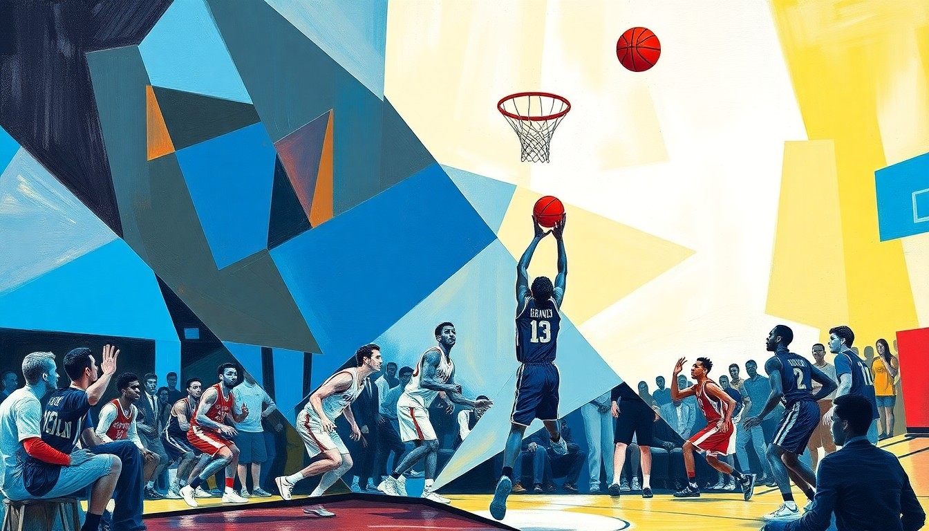 A fragmented, geometric painting depicting the dynamic movements and energy of a high school basketball game, with the players' forms broken down into sharp, overlapping planes of color.