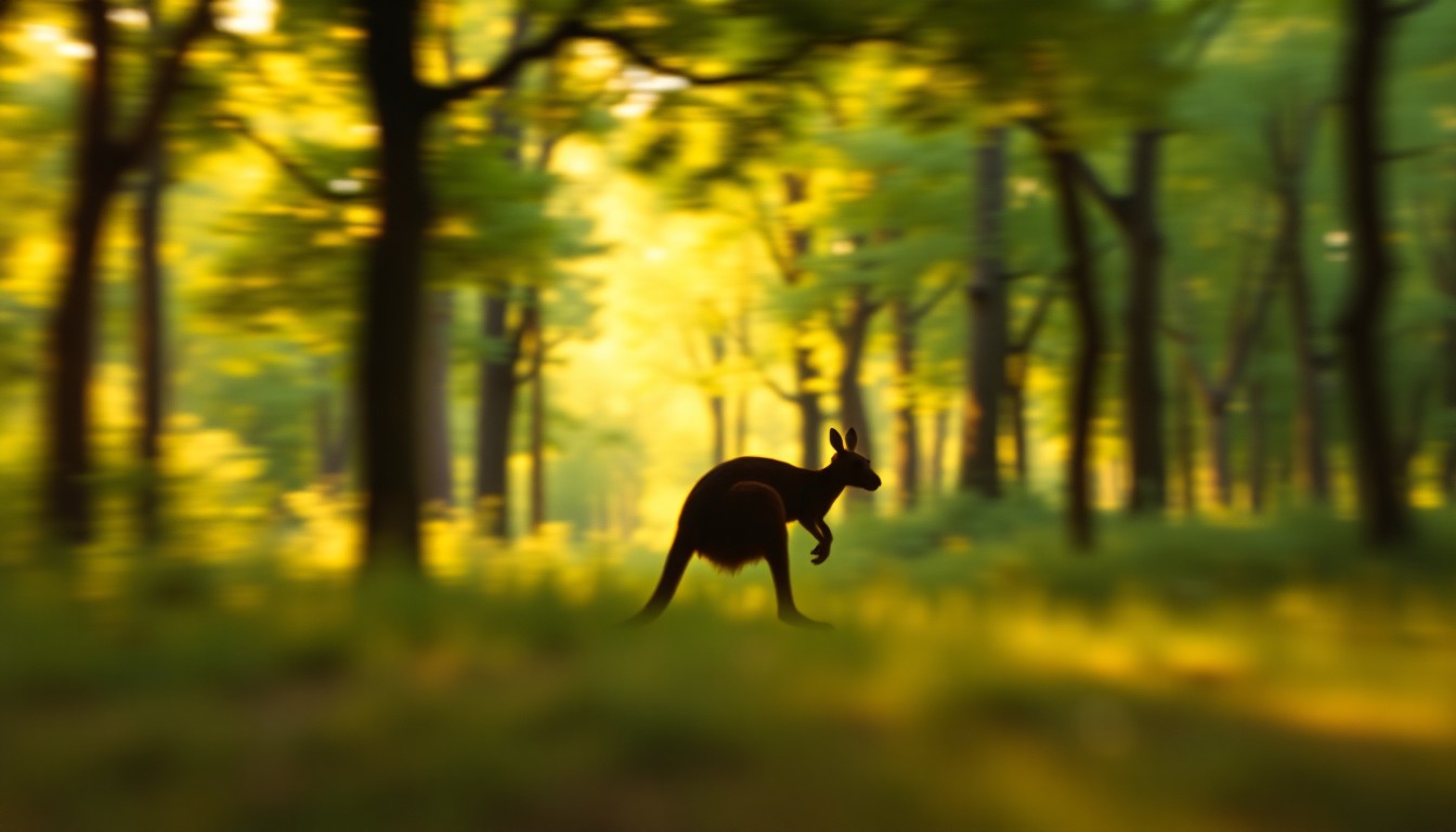 An abstract, impressionistic photograph showing the blurred outline of a kangaroo bounding through a verdant forest, conveying the sense of freedom and adventure of Chesney's three-day odyssey.
