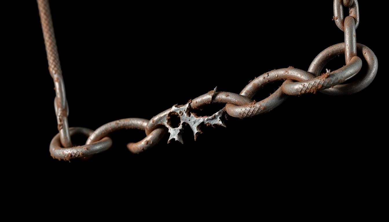 An extreme close-up photograph of a twisted, rusted metal playground swing chain against a pitch-black background, conceptually representing the damage and violation caused by hateful acts of vandalism.