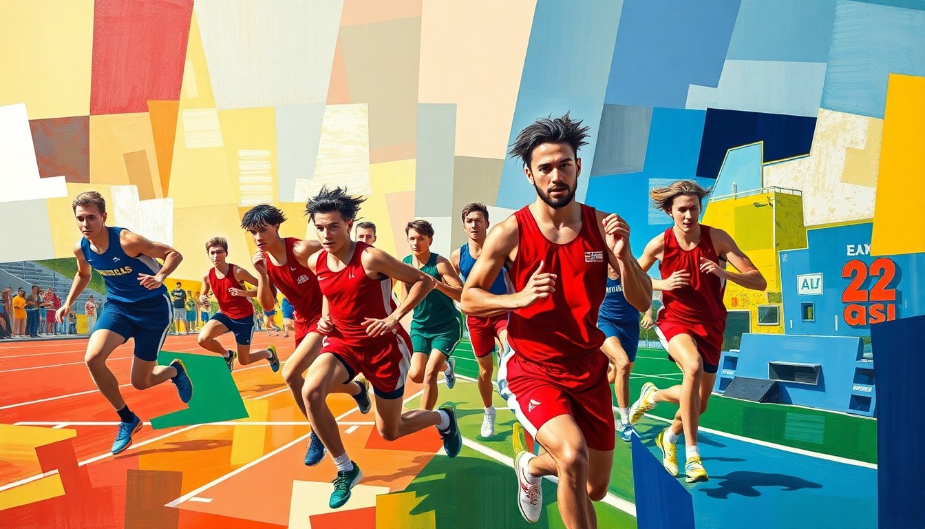 A cubist, geometric painting depicting the dynamic movements and competition of a high school boys track and field event, with overlapping planes of color representing the athletes' uniforms.
