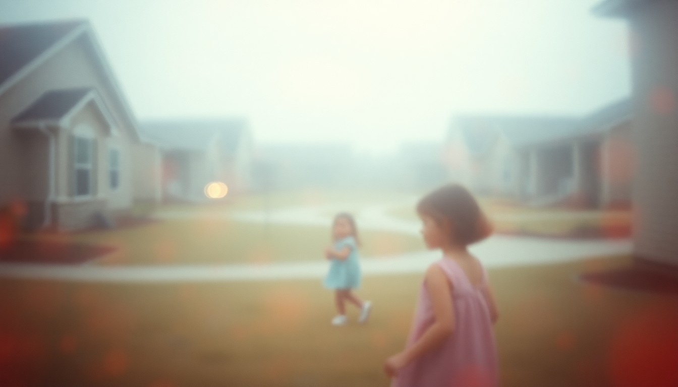 An abstract, impressionistic photograph in soft, warm tones depicting a blurred, dreamlike scene of a young girl playing in a military housing community, capturing the mood and themes of the memoir.