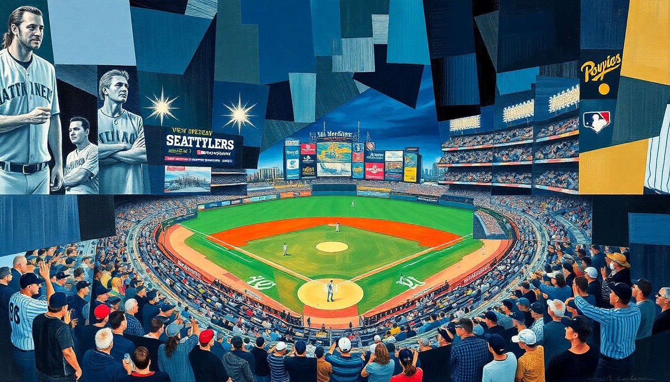 A cubist, geometric painting depicting a baseball game between the Seattle Mariners and New York Yankees, with the players and field broken down into overlapping angular shapes and planes in a vibrant color palette.