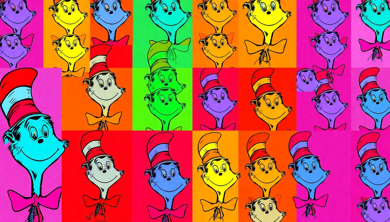 A brightly colored, high-contrast silkscreen print of the iconic Cat in the Hat character from Dr. Seuss's books, repeated in a tight grid pattern in the style of Andy Warhol's pop art. The image uses flat, vibrant neon colors and heavy black outlines to transform the familiar character into a modern, abstract work of art.