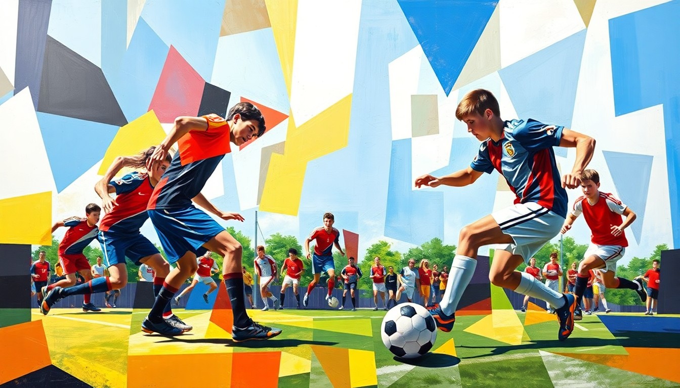 A fragmented, geometric painting depicting the dynamic movements and energy of a high school soccer match, with the players and ball broken down into abstract, angular shapes in the teams' official colors.