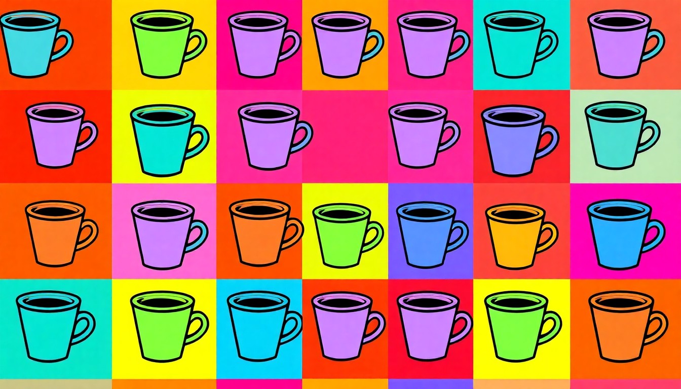 A highly stylized, abstract grid of brightly colored coffee cup icons in a pop art silkscreen style, conceptually representing the redevelopment of the former JFG sign site in South Knoxville.