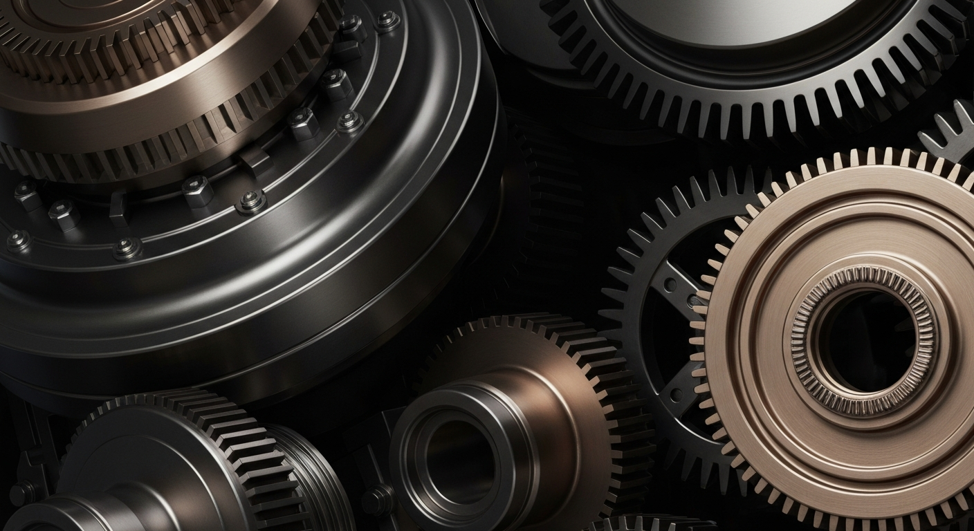 An extreme close-up of intricate, interlocking industrial gears and machinery rendered in a cinematic, high-contrast style, conveying the tangible power and security of major industrial companies.