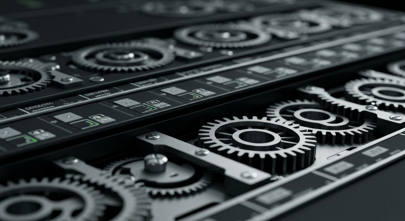 An extreme close-up of the complex machinery and components inside a stock trading terminal, conveying the highly technical and industrial nature of modern financial infrastructure.