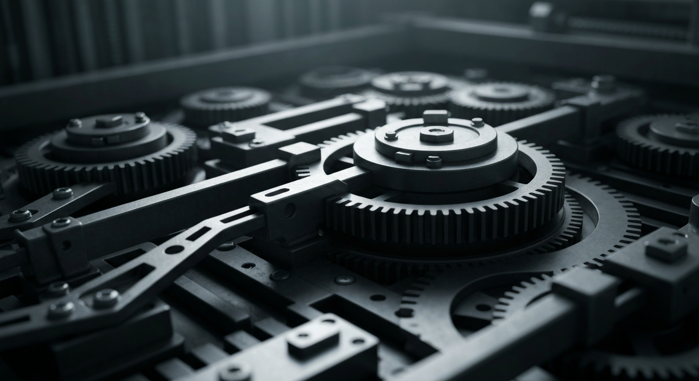 A highly detailed, cinematic close-up photograph of the inner workings of an industrial machine, with gears, levers, and other mechanical components in muted tones, conceptually representing the complex financial infrastructure and institutional investment mechanisms behind a major biopharmaceutical company.