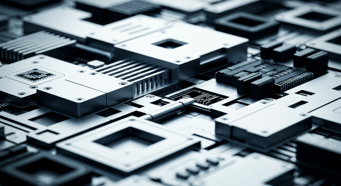 An extreme close-up of intricate, metallic cybersecurity hardware components in shades of silver, black, and blue, conceptually representing the complex infrastructure behind CrowdStrike's cloud-based security solutions.