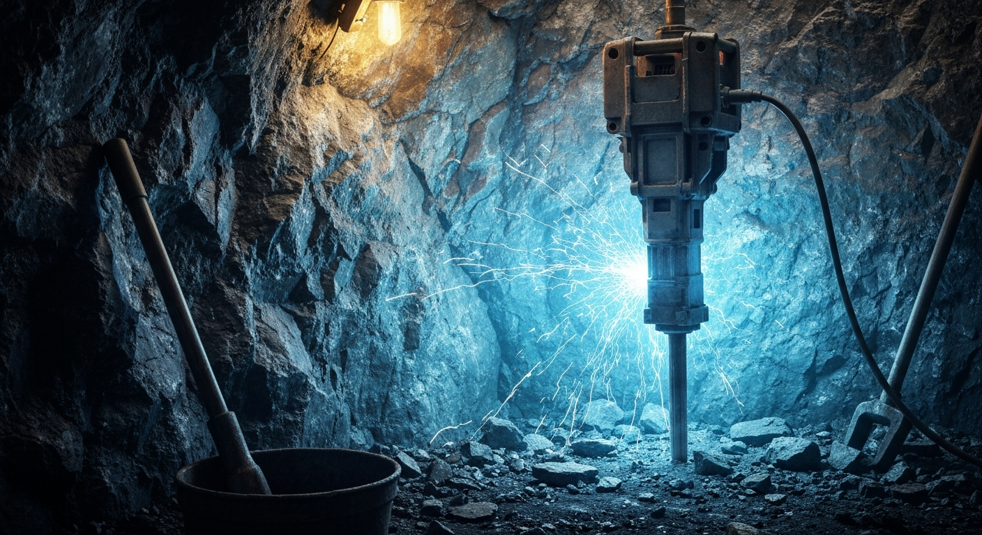 An extreme close-up of rugged, textured mining equipment and machinery in shades of grey, black, and steel blue, conveying the industrial power and scale of the gold mining industry.