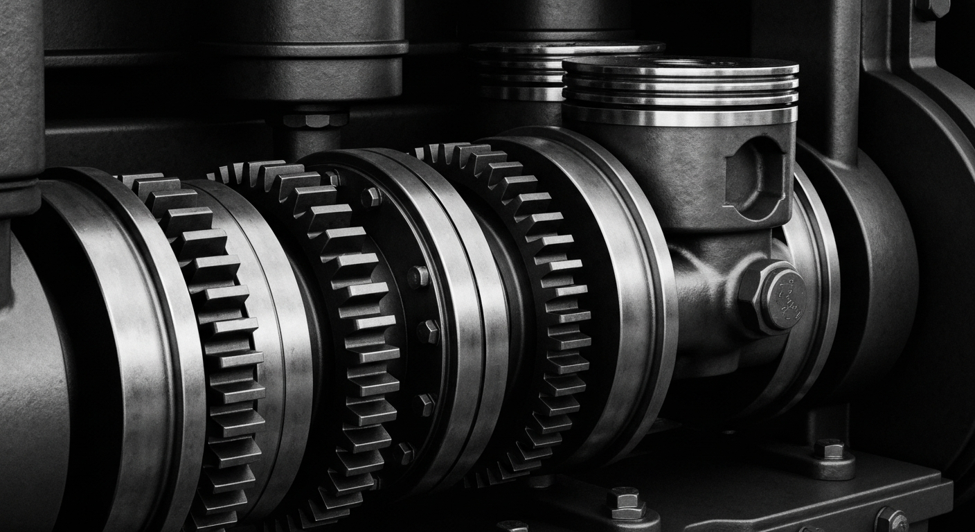 A high-contrast, black-and-white close-up image of the intricate mechanical components of a Deere & Company industrial machine, conveying the power and precision of the company's products.