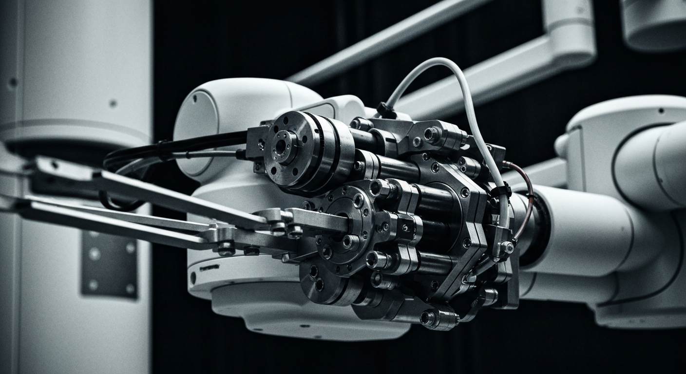 A close-up, high-contrast image of the intricate mechanical components and precision engineering of an Intuitive Surgical robotic arm, conveying the advanced technology behind the company's medical devices.
