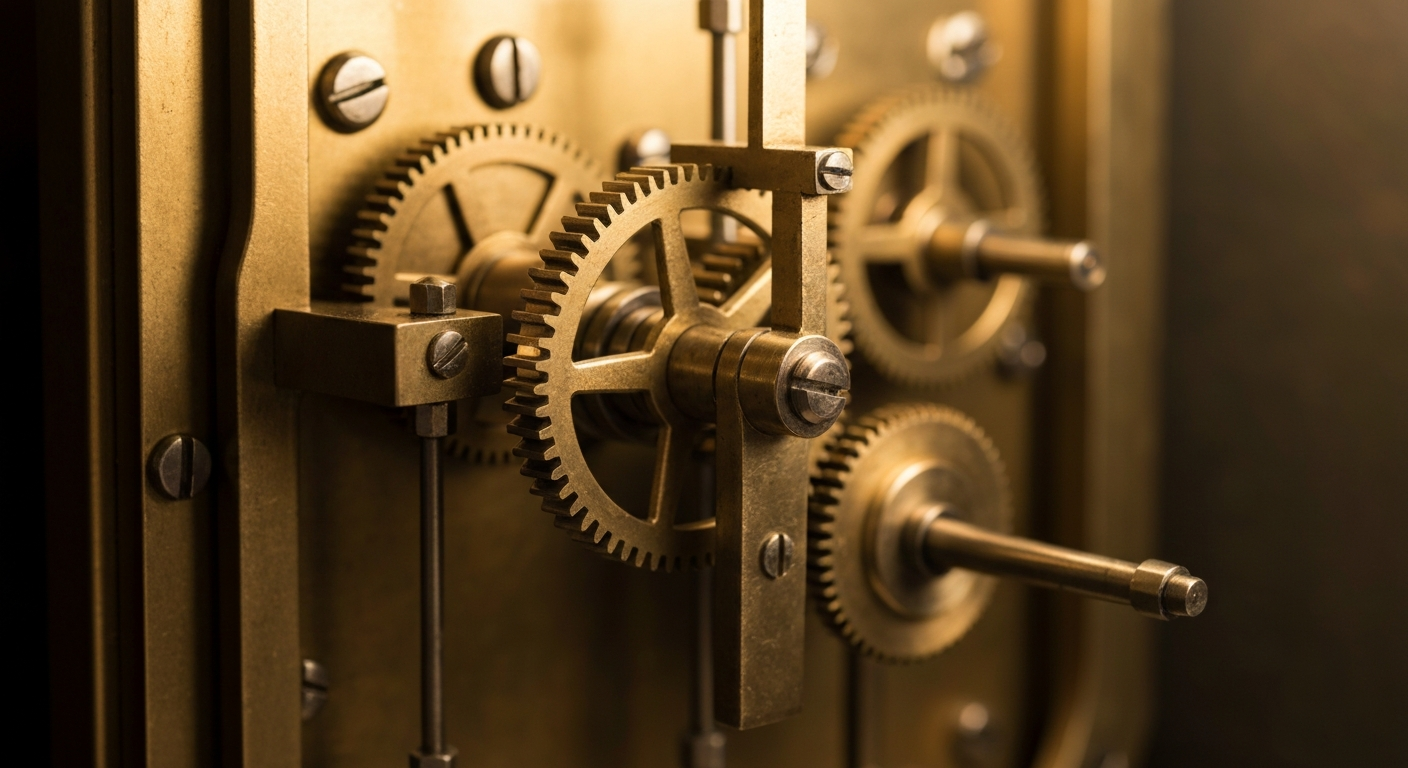 An extreme close-up of the complex inner workings of a vintage stock ticker machine, with gears, pulleys, and other mechanical components filling the frame in a dramatic, cinematic composition that conveys a sense of the financial power and stability underlying institutional investment decisions.